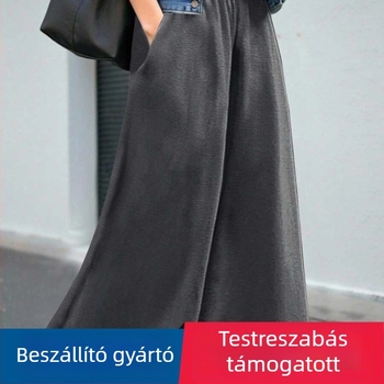 Női széles szárú hosszú nadrág, magas derekú, poliészter-spandex keverék, hétköznapi elegáns viselet munkába