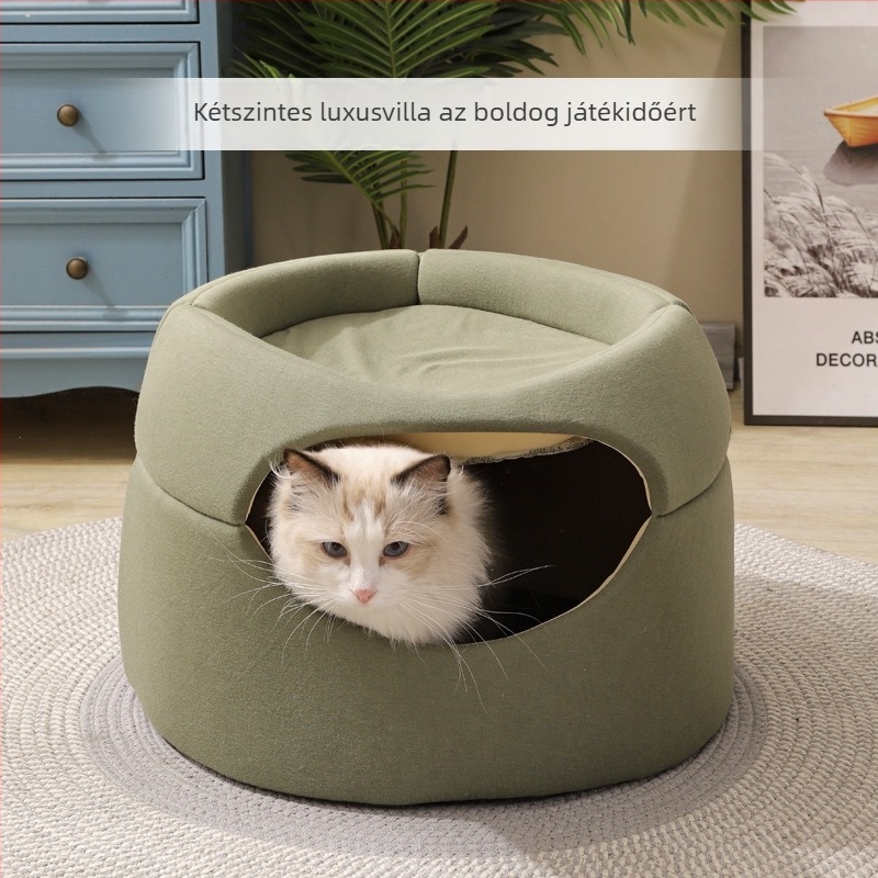Macskák és kis méretű kutyák számára – faodú alakú dizájn, textil anyag, négy évszakos meleg menedék