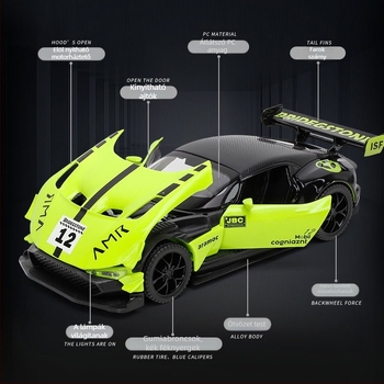 Ötvözetből készült 1:32-es versenyautó modell, fény- és hanghatásokkal, akkumulátoros működés