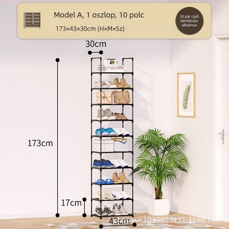 Kovácsoltvas cipőállvány, egy soros, előszobába, porvédett, modell XJ-01, modern, egyszerű stílus, funkció: tárolás