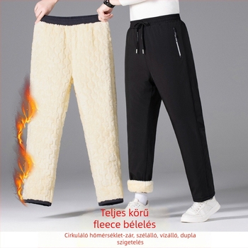 Férfi téli fleece-béléssel bélelt nadrág, laza szabású, középmagas derék, 96% poliészter, 4% spandex, vastagított, húzózsinóros zárás