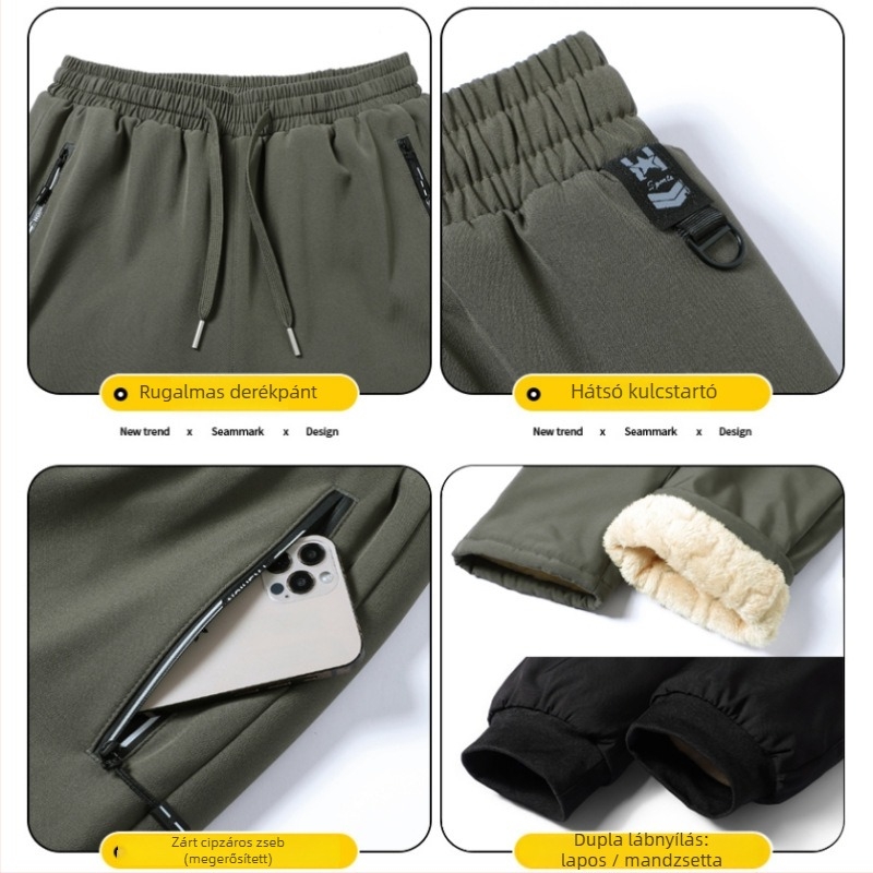 Férfi téli fleece-béléssel bélelt nadrág, laza szabású, középmagas derék, 96% poliészter, 4% spandex, vastagított, húzózsinóros zárás
