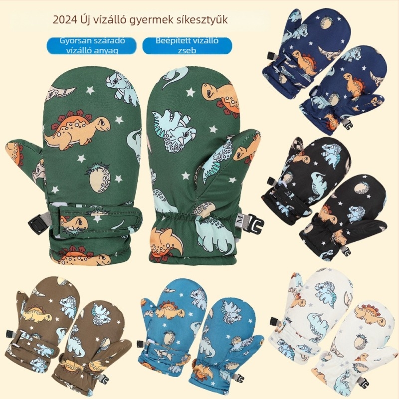 Gyerekeknek szánt síkesztyű fleece béléssel, vízálló, meleg, mitten-stílusú, 6 hónaptól 10 éves korig (fleece bélés; vízállóság; melegség; kor 6m-10y; karikatúra minta)