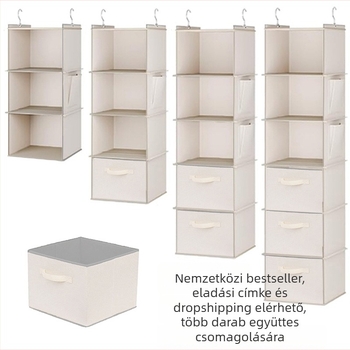 Többszintes gardróbfüggő tároló táska, kubikus alakú, nem szőtt anyagból, modell 832012, gardróbba akasztható