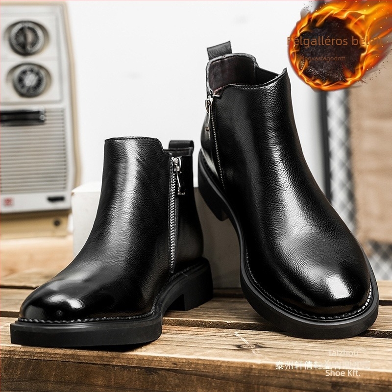 Férfi Chelsea csizmák kettős rétegű marhabőrből, belső rész mesterséges rövid szőrrel, belső talp mesterséges rövid szőrrel, gumitalp (Kétszeres marhabőr; Mesterséges rövid szőrös belső rész; Mesterséges rövid szőr a belső talp; Gumitalp)