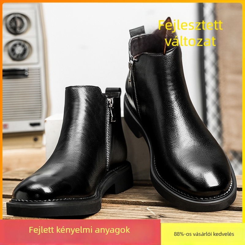 Férfi Chelsea csizmák kettős rétegű marhabőrből, belső rész mesterséges rövid szőrrel, belső talp mesterséges rövid szőrrel, gumitalp (Kétszeres marhabőr; Mesterséges rövid szőrös belső rész; Mesterséges rövid szőr a belső talp; Gumitalp)