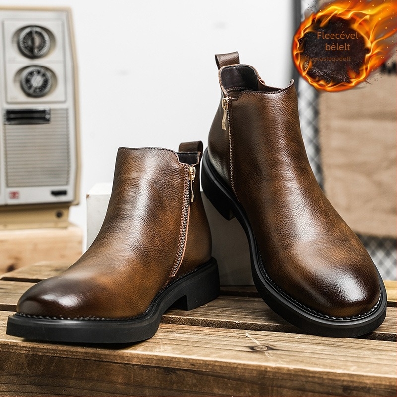 Férfi Chelsea csizmák kettős rétegű marhabőrből, belső rész mesterséges rövid szőrrel, belső talp mesterséges rövid szőrrel, gumitalp (Kétszeres marhabőr; Mesterséges rövid szőrös belső rész; Mesterséges rövid szőr a belső talp; Gumitalp)