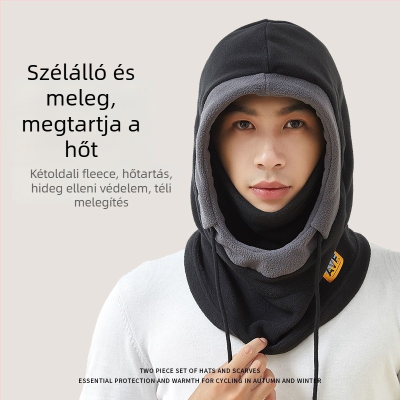 Integrált sapka-sálas kerékpáros maszk, fleece bélés, szélálló, poliészter anyag, uniszex, kültéri téli kerékpározáshoz