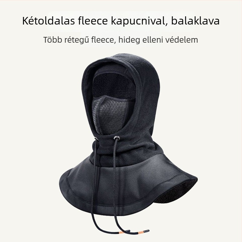 Integrált sapka-sálas kerékpáros maszk, fleece bélés, szélálló, poliészter anyag, uniszex, kültéri téli kerékpározáshoz