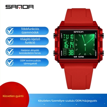 Sanda digitális diákóra — téglalap alakú számlap, műanyag tokozás, szilikon szíj, 50m vízállóság, elektronikus mozgás