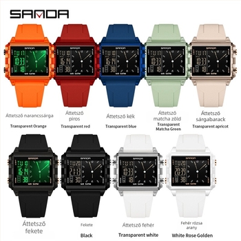 Sanda digitális diákóra — téglalap alakú számlap, műanyag tokozás, szilikon szíj, 50m vízállóság, elektronikus mozgás