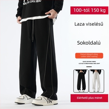 Pamutból készült fleece-béléssel ellátott széles szárú hétköznapi nadrág, középmagas derekú, öv nélkül, őszre