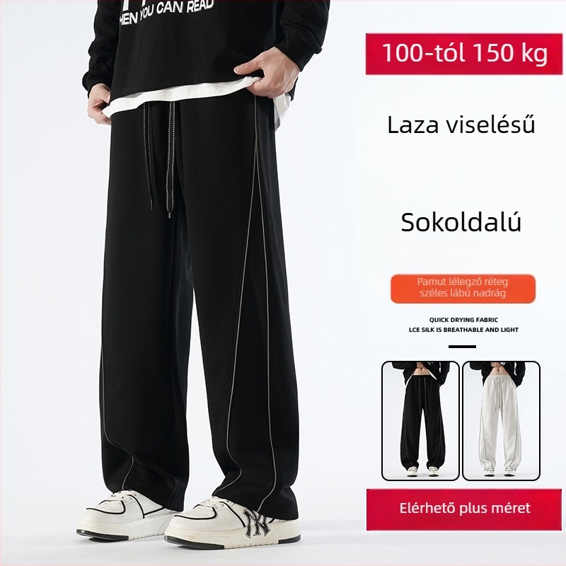 Pamutból készült fleece-béléssel ellátott széles szárú hétköznapi nadrág, középmagas derekú, öv nélkül, őszre