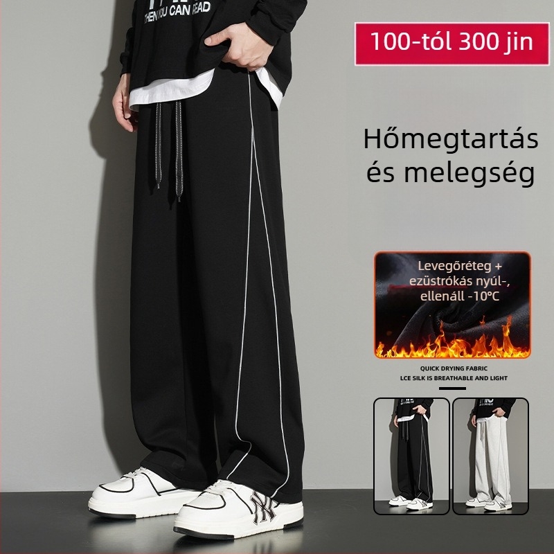 Pamutból készült fleece-béléssel ellátott széles szárú hétköznapi nadrág, középmagas derekú, öv nélkül, őszre