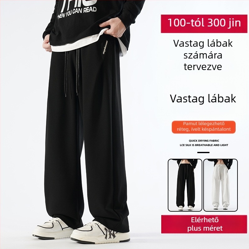 Pamutból készült fleece-béléssel ellátott széles szárú hétköznapi nadrág, középmagas derekú, öv nélkül, őszre