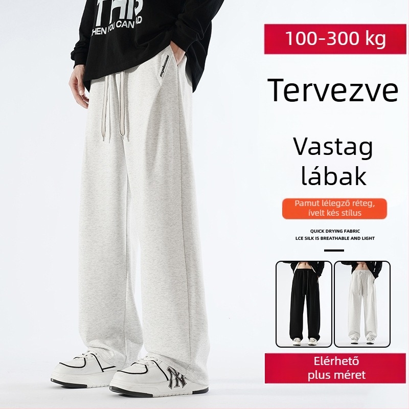 Pamutból készült fleece-béléssel ellátott széles szárú hétköznapi nadrág, középmagas derekú, öv nélkül, őszre