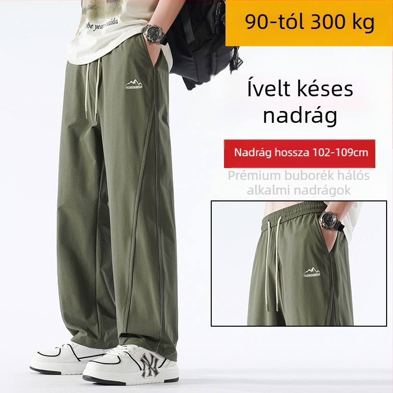 Pamutból készült fleece-béléssel ellátott széles szárú hétköznapi nadrág, középmagas derekú, öv nélkül, őszre