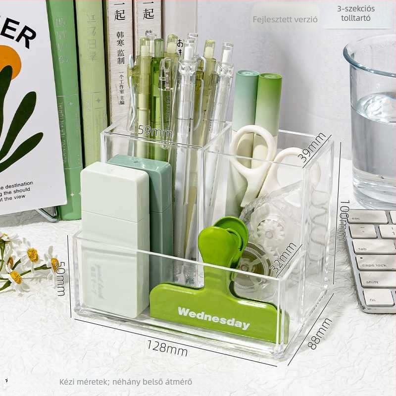 Átlátszó akril tolltartó nagy kapacitással — íróasztali szervező gyerekeknek, ajándék osztálytársnak (karácsony)