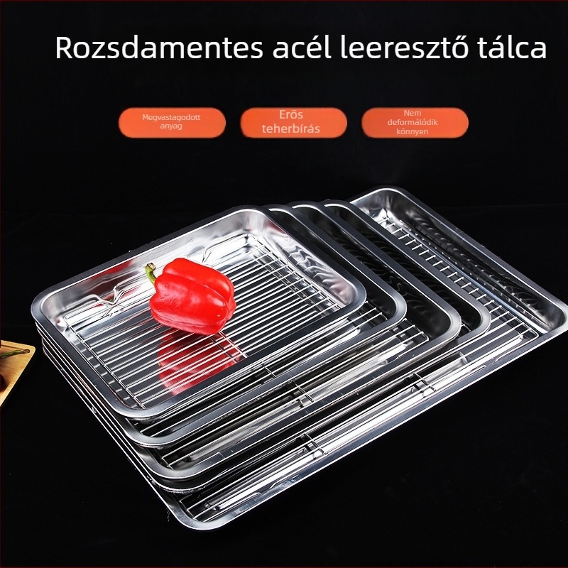 Négyszögletes rozsdamentes acél tál olajszűrő képernyővel, mikróban használható, modern minimalista stílus