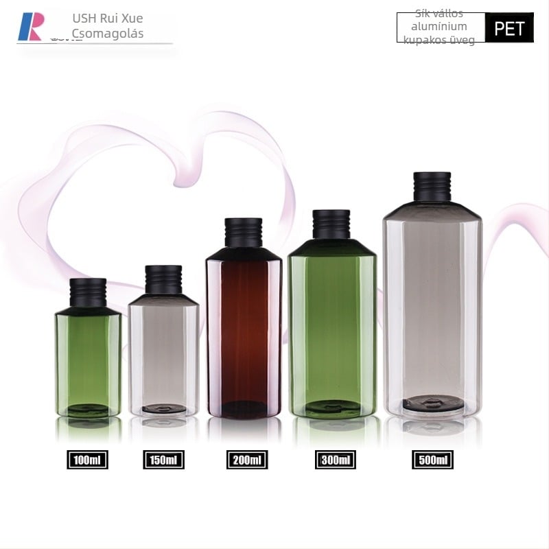 Kozmetikai üveg ferde vállú kialakítással és fém kupakkal, fém test akril/PMMA alkatrészekkel, permetezett felület