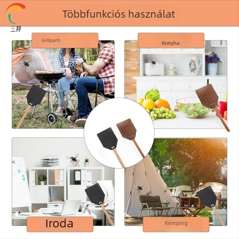 Bőr- és faanyagú légycsapó hosszú nyéllel, tartós, testre szabható