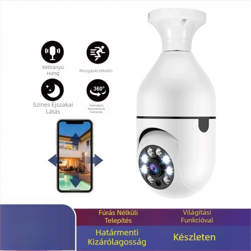 Világítótest kamera 360° WiFi, beltéri használathoz, 1080p, 3,6 mm széles látószögű objektív, 1 kamera, riasztásdetektálás, mobilalkalmazás-támogatás