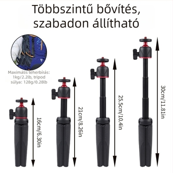 Asztali mini tripod videózáshoz, hordozható, kihúzható rúd, műanyag