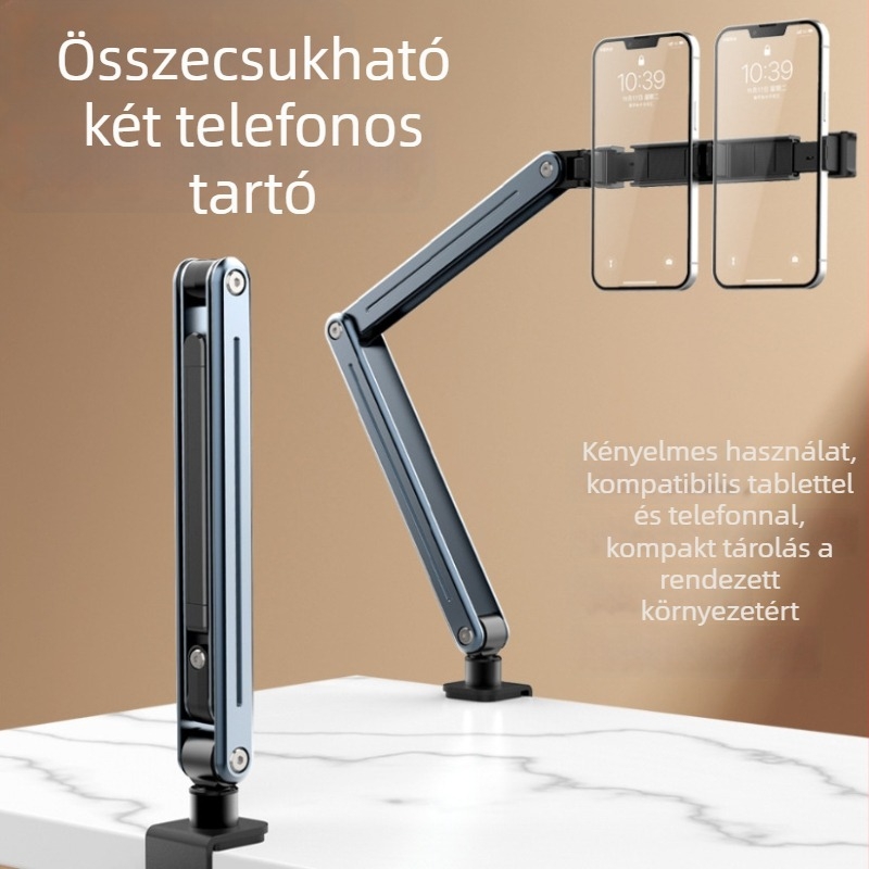 Kettős telefon- és tabletatartó 360° forgással, összecsukható, éjjeliszekrényhez és magas szögben állítható