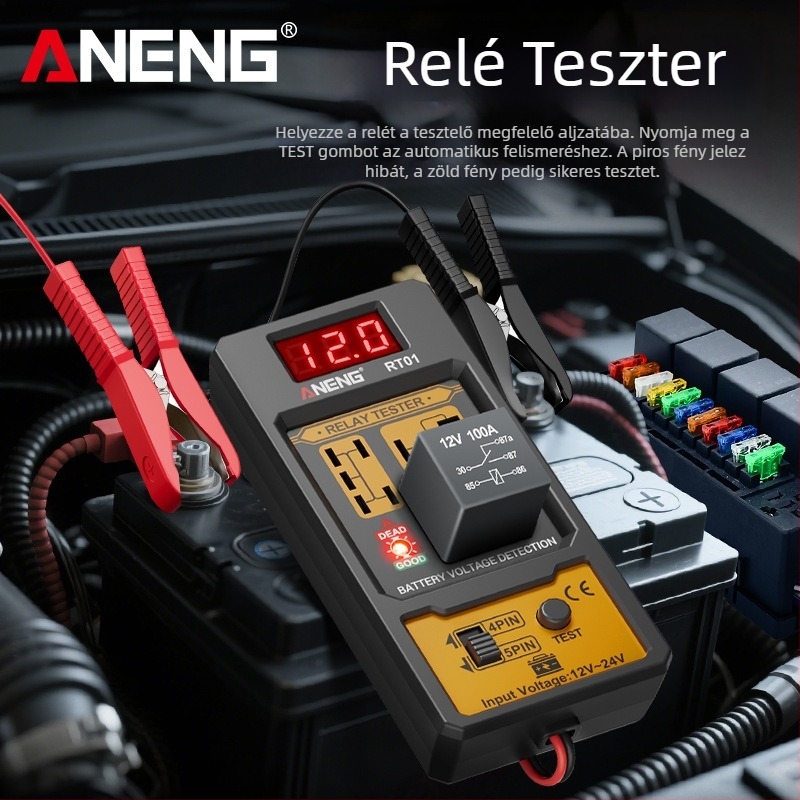 ANENG RT01 Autórelé detektáló digitális akkumulátor teszterrel, univerzális 12V/24V, négy- és ötpontos relé analízis