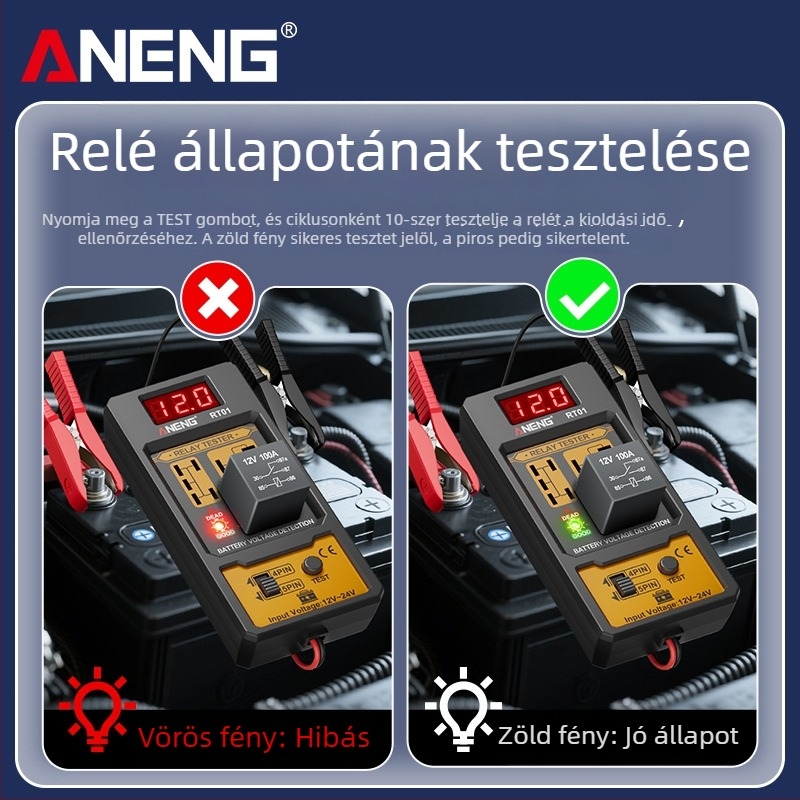 ANENG RT01 Autórelé detektáló digitális akkumulátor teszterrel, univerzális 12V/24V, négy- és ötpontos relé analízis