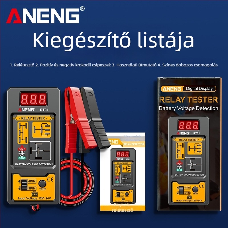 ANENG RT01 Autórelé detektáló digitális akkumulátor teszterrel, univerzális 12V/24V, négy- és ötpontos relé analízis