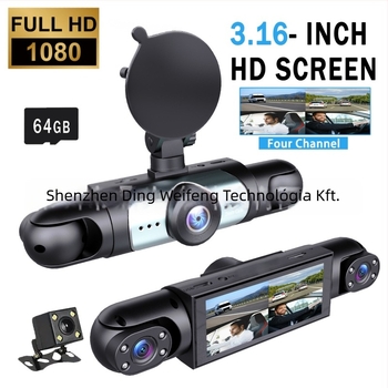 Négylencsés autós dash cam 1080p: előre, bal, jobb és hátsó kamera, tolató kép, 16 GB memória