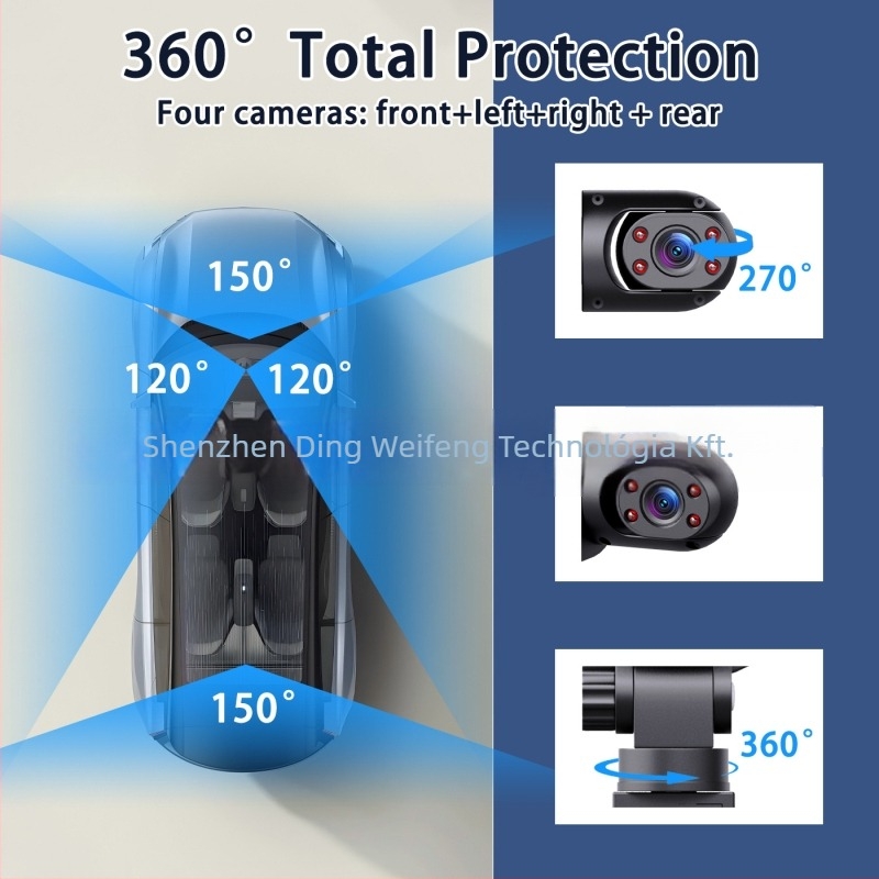 Négylencsés autós dash cam 1080p: előre, bal, jobb és hátsó kamera, tolató kép, 16 GB memória