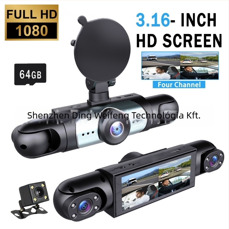 Négylencsés autós dash cam 1080p: előre, bal, jobb és hátsó kamera, tolató kép, 16 GB memória