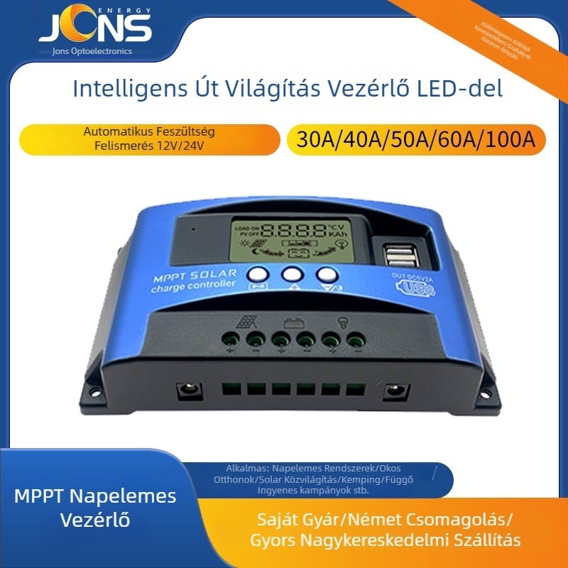 MPPT Napelemes Töltésvezérlő 12V/24V automatikus feszültségfelismeréssel, 30–100A