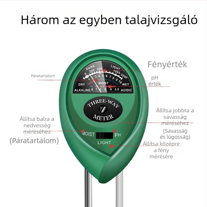 Talajtester 3-in-1: nedvesség, pH és tápanyag mérő virágok és cserepes növények számára