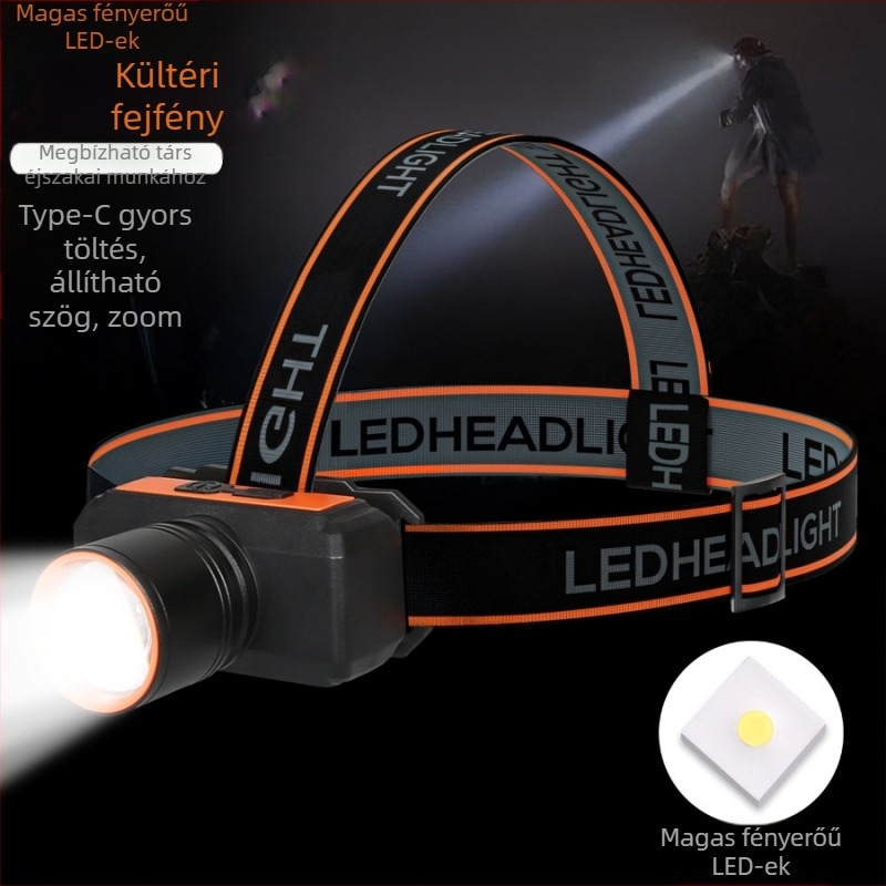 Fejre szerelhető horgász fejlámpa fehér lézerrel, 5W, 1200mAh újratölthető akkumulátorral, 100–200 m hatótávolsággal.