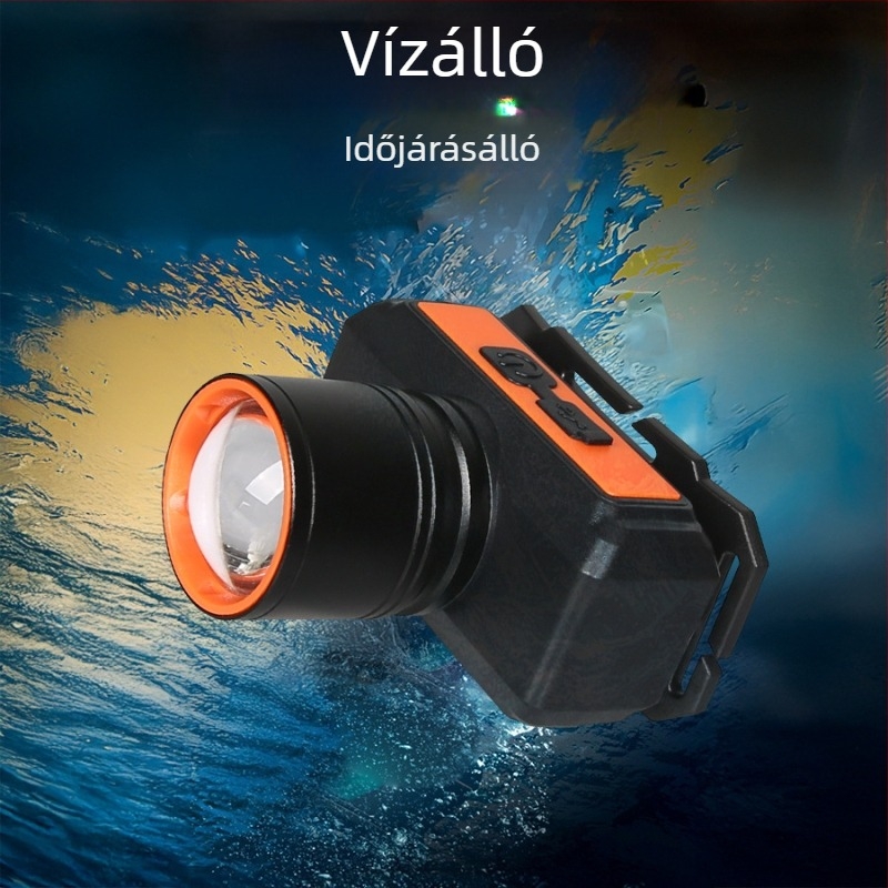 Fejre szerelhető horgász fejlámpa fehér lézerrel, 5W, 1200mAh újratölthető akkumulátorral, 100–200 m hatótávolsággal.