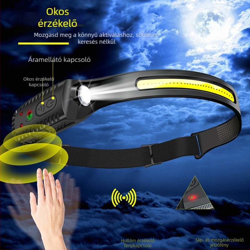 LED fejlámpa Type-C újratölthető akkumulátorral, 5W, 800 mAh, ABS ház, hatótávolság 100–200 m