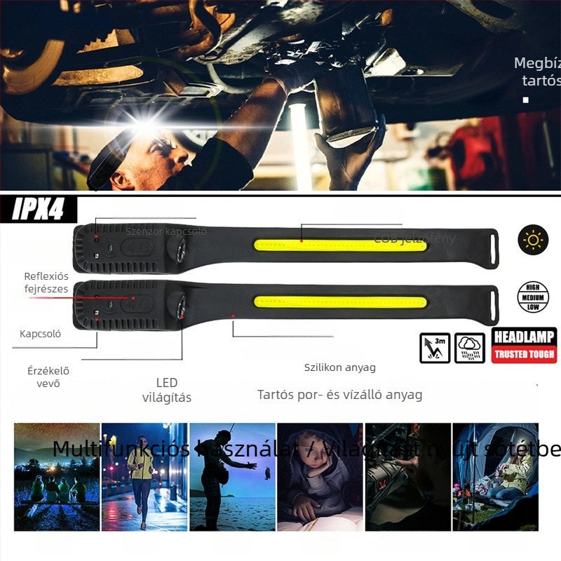 LED fejlámpa Type-C újratölthető akkumulátorral, 5W, 800 mAh, ABS ház, hatótávolság 100–200 m