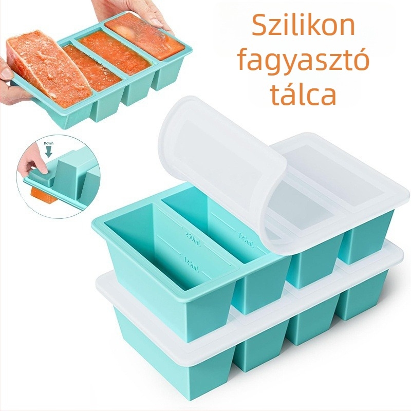 Silikon jégkocka tároló fedővel, 4 rekesz, 80 ml rekeszenként, gyorsfagyasztás, testreszabható forma