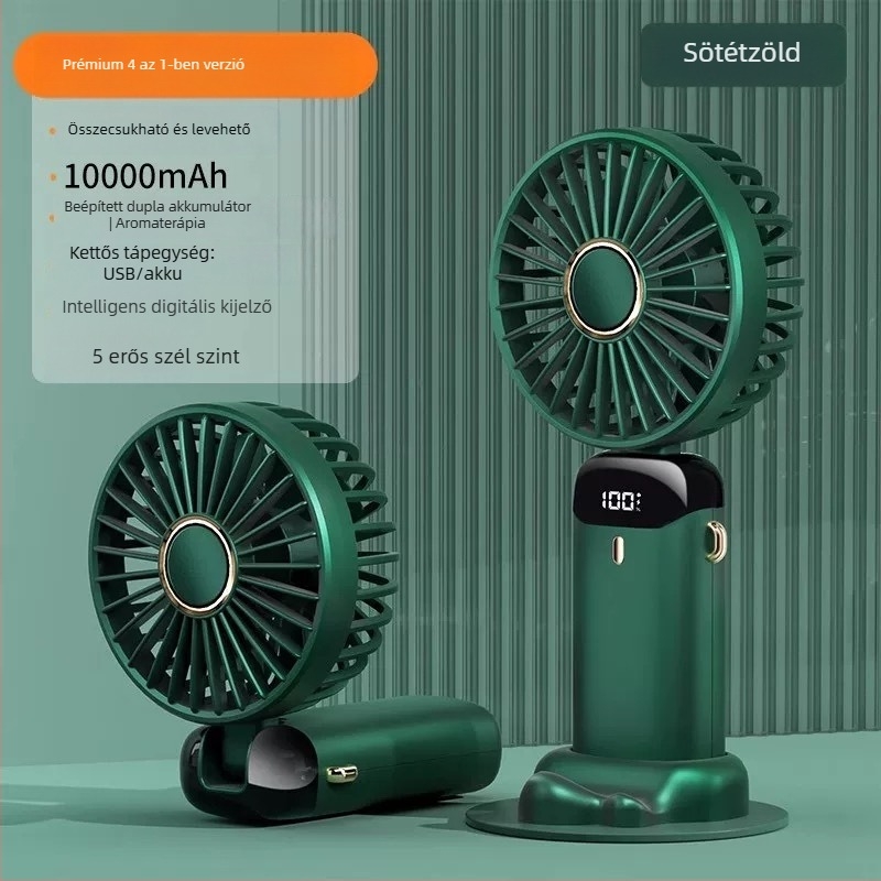 Kézben tartható USB ventilátor 5 lapáttal, beépített 100-300 mAh akkumulátor, 5 sebességfokozat, halk működés 36-45 dB