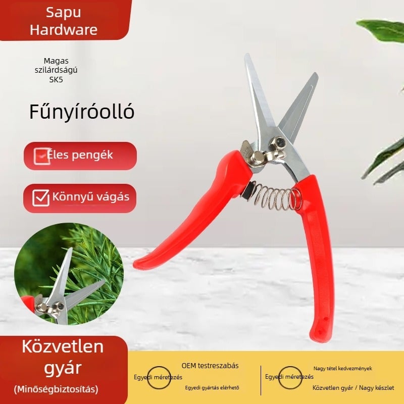 Sap rozsdamentes acél egyenes fejű metszőolló, rugóval – kerti és gyümölcs szedésre szolgáló kézi eszköz