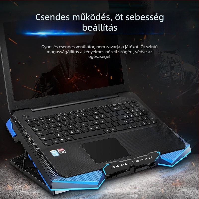Notebook hűtő | Fém hálózatos kialakítás | Hűtőventilátor | 5-fokozatú ventilátor-beállítás | Kompatibilis notebook, ultrabook, Playbook