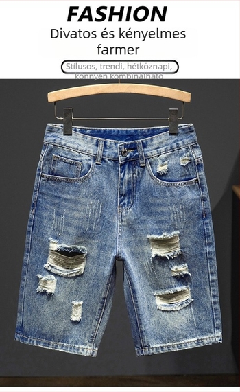 Férfi denim rövidnadrág, középmagas derekú, cipzár, mosott kivitel, japán–koreai stílus
