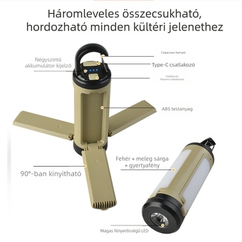 LED Kempinglámpa XF-LY23, újratöltő, 3V, 5W, 90°-os hajlított háromlapátos kialakítás