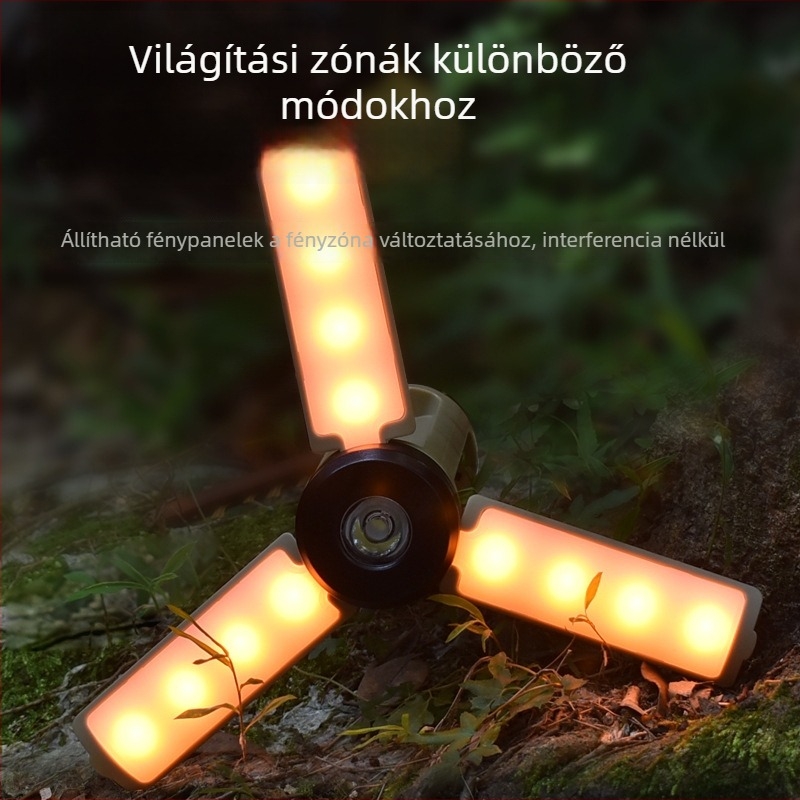 LED Kempinglámpa XF-LY23, újratöltő, 3V, 5W, 90°-os hajlított háromlapátos kialakítás