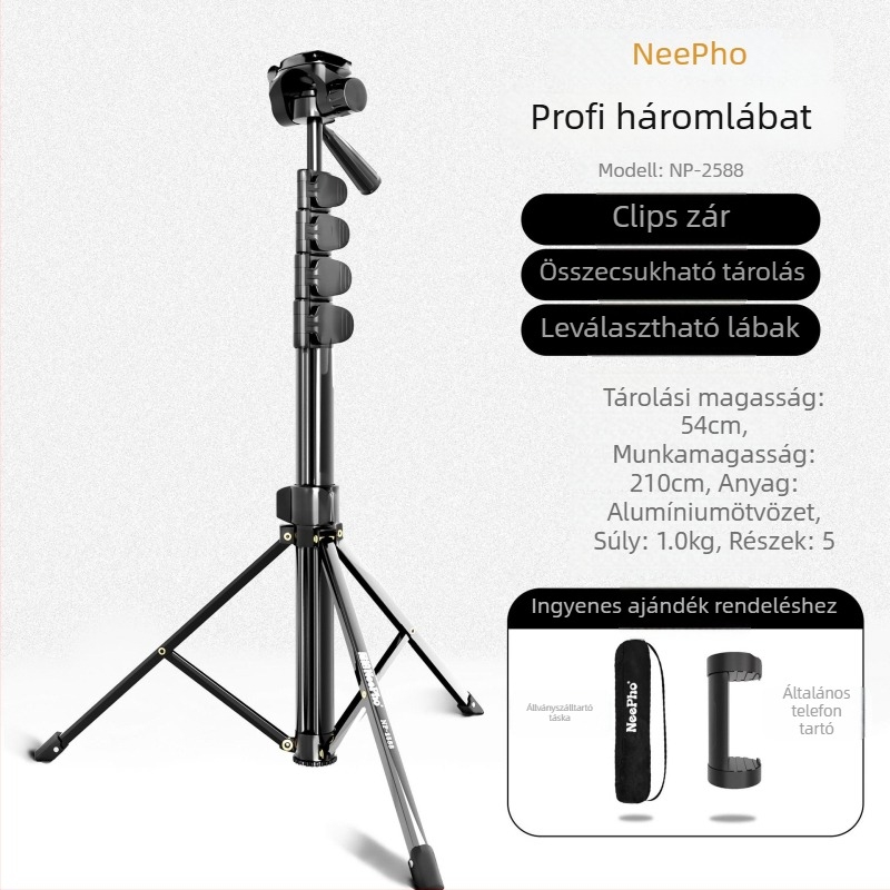 Neepho NP-2688 DSLR állvány, 3D gimbal, alumínium ötvözet, 5 részes, teher 2–5 kg (gyorskioldó lemez)
