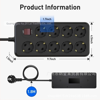 9-aljzatos hálózati elosztó biztonsági ajtóval és dupla főkapcsolóval — 10A, 100-250V AC, tűzálló PC ház, CE