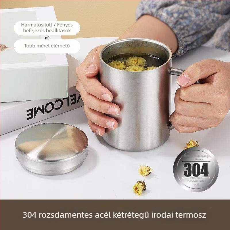 304 rozsdamentes acélból készült bögre fedővel, kettős falú szigetelés, modern egyszerű stílus, ideális üzleti ajándék